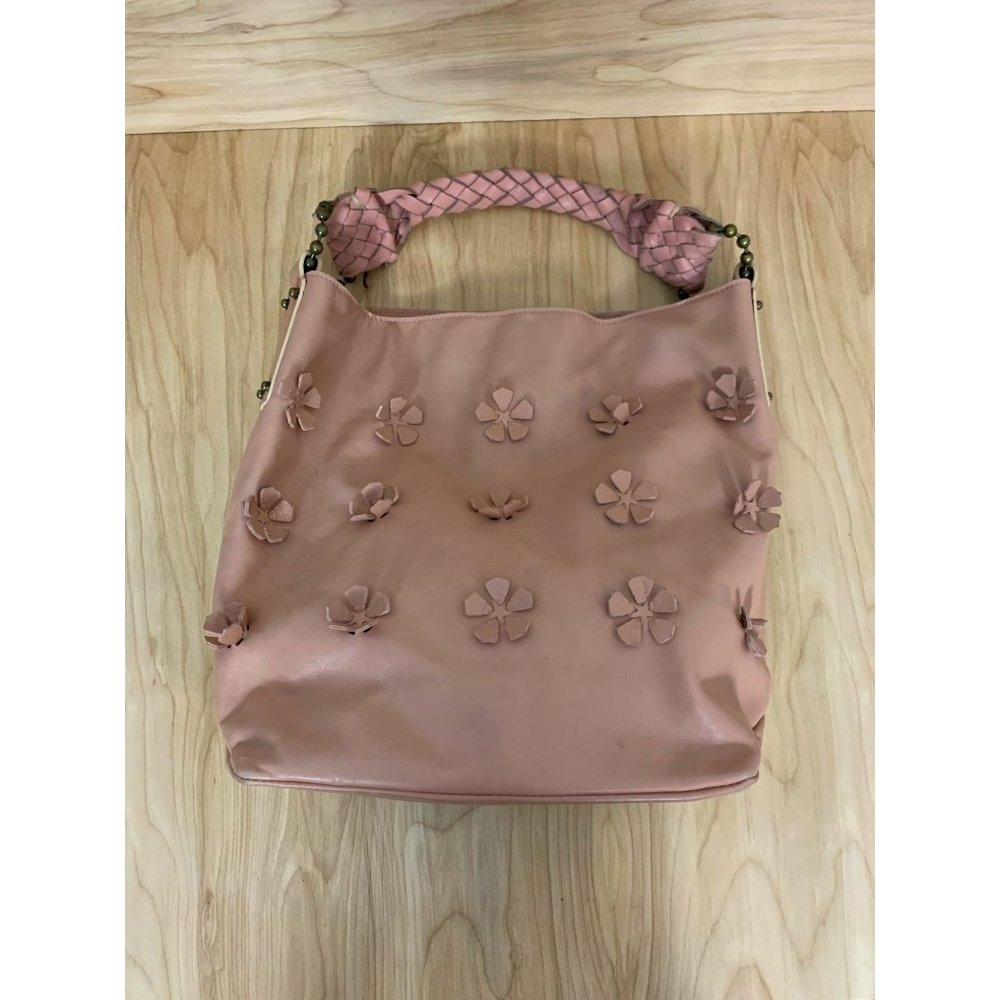 Falor Italian Leather Rosy Pink Flowers Bucket Shoulder Bag